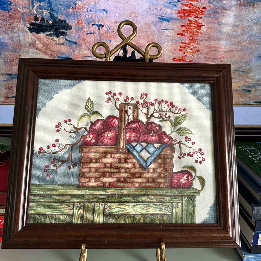 Framed Basket of Apples Needlepoint Art